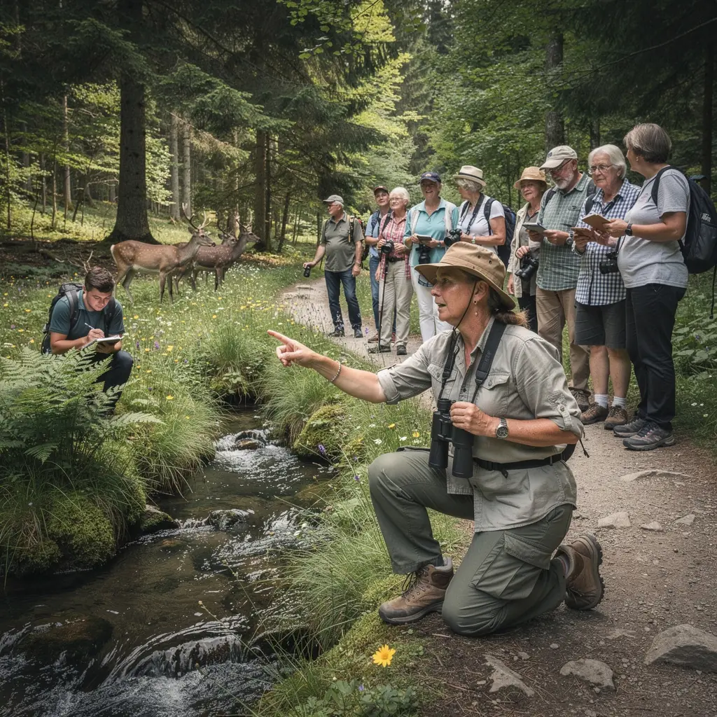 A group of wildlife watchers observing a deer grazing peacefully in a sunlit clearing.